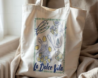 La Dolce Vita Tote Bag Amalfiküste Retro Italienischer Markt Pasta Zitrone Blume Sardinen Sommer Tragetasche Trendiges Geschenk für Sie Faltbare Canvastasche