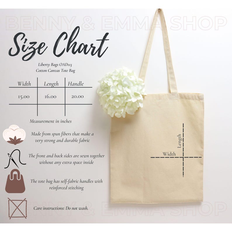 May include: A beige cotton canvas tote bag with a size chart showing the width, length, and handle measurements in inches. The tote bag has self-fabric handles with reinforced stitching. The text "Liberty Bags OAD13 Cotton Canvas Tote Bag" is printed on the bag.