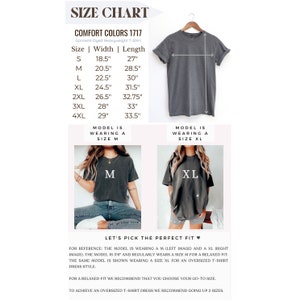 May include: Size chart for a heavyweight t-shirt with measurements in inches. The chart shows the width and length of the shirt in sizes S through 4XL. Two models are shown wearing the shirt, one in size M and one in size XL. The text "Let's pick the perfect fit" is displayed below the models.