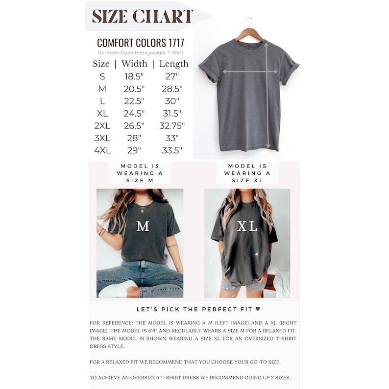 May include: Size chart for a heavyweight t-shirt with measurements in inches. The chart shows the width and length of the shirt in sizes S through 4XL. Two models are shown wearing the shirt, one in size M and one in size XL. The text "Let's pick the perfect fit" is displayed below the models.