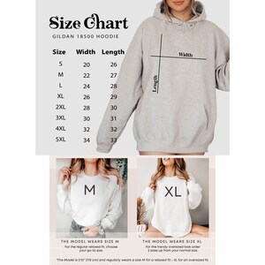 K&ouml;nnte beinhalten: Gr&ouml;&szlig;entabelle f&uuml;r einen Gildan 18500 Hoodie. Die Tabelle zeigt die Breite und L&auml;nge in Zoll f&uuml;r die Gr&ouml;&szlig;en S bis 5XL. Das Model tr&auml;gt einen Hoodie in Gr&ouml;&szlig;e M und einen Hoodie in Gr&ouml;&szlig;e XL.