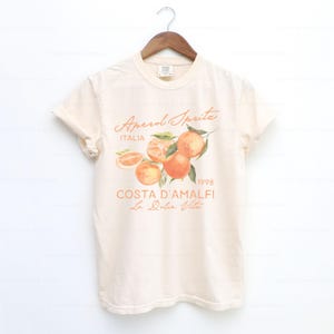 May include: Cream-colored t-shirt featuring a watercolor illustration of oranges with green leaves. The shirt has the text "Aperol Spritz Italia 1998 Costa D'Amalfi La Dolce Vita" in an orange script. The shirt is hanging on a wooden hanger.