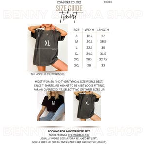 Puede incluir: Gu&iacute;a de tallas para una camiseta Comfort Colors. La gu&iacute;a muestra las medidas en pulgadas para las tallas S a 3XL. La modelo mide 172.7 cm y lleva la talla XL. La imagen tambi&eacute;n incluye dos fotos m&aacute;s peque&ntilde;as de la camiseta puesta.