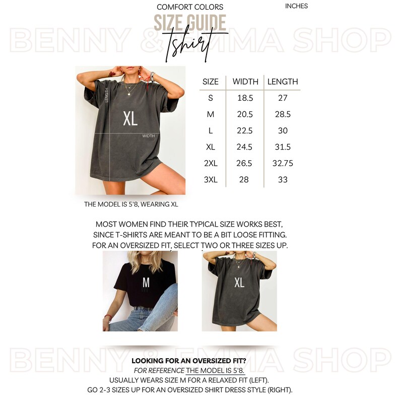Puede incluir: Gu&iacute;a de tallas para una camiseta Comfort Colors. La gu&iacute;a muestra las medidas en pulgadas para las tallas S a 3XL. La modelo mide 172.7 cm y lleva la talla XL. La imagen tambi&eacute;n incluye dos fotos m&aacute;s peque&ntilde;as de la camiseta puesta.