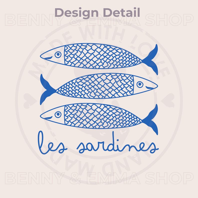 May include: Three blue stylized sardines swimming in a row with the text "les sardines" below them.
