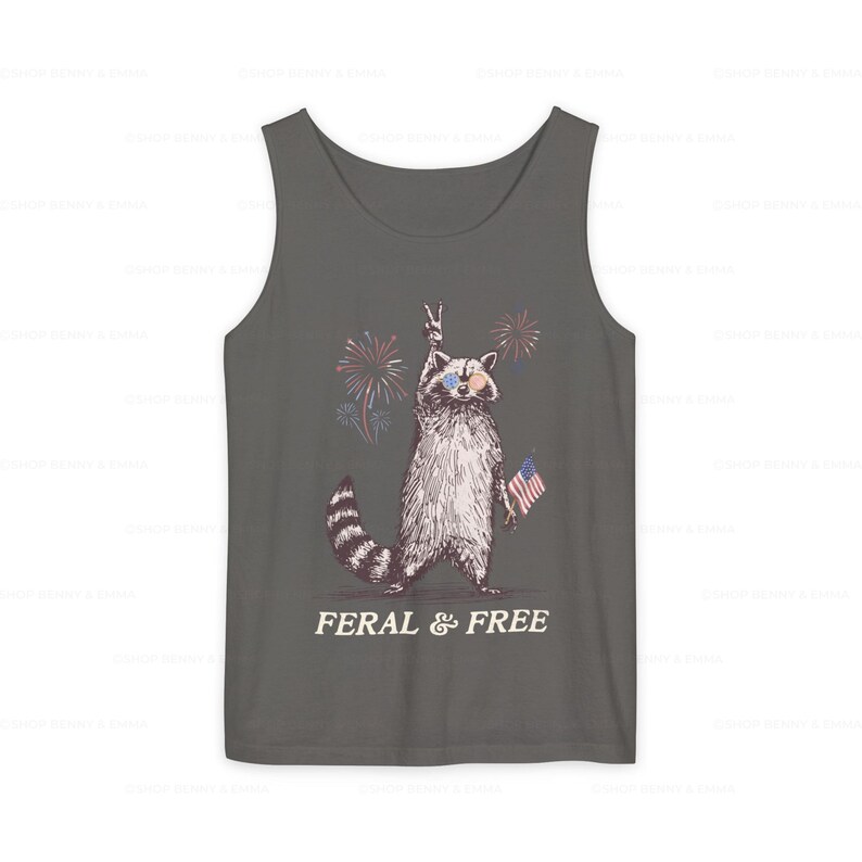 Funny July 4th Tank Top Raccoon Shirt Feral & Free Fireworks Shirt Feral Girl Summer Raccoon Meme Trendy Gift Comfort Colors Plus Sizing Pepper