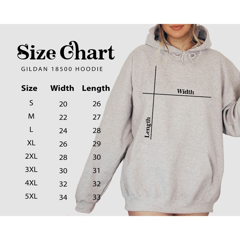 May include: Size chart for a Gildan 18500 hoodie, showing width and length measurements in inches for sizes S through 5XL.