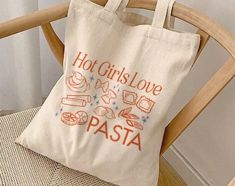 Hot Girls Love Pasta Tote Bag Foodie Tote Retro Carb Lover Gift Pasta Gifts Culinary Totebag  Italian Food Lover Foldable Canvas Tote Bag