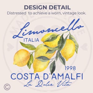 Puede incluir: Una ilustraci&oacute;n de acuarela de limones en una rama con hojas verdes. El texto "Limoncello Italia 1998 Costa D'Amalfi La Dolce Vita" est&aacute; escrito en azul sobre un fondo beige claro.