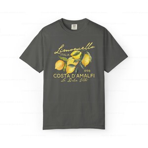 Puede incluir: Una camiseta gris oscuro con un dise&ntilde;o gr&aacute;fico de limones y el texto "Limoncello Italia 1998 Costa d'Amalfi La Dolce Vita".