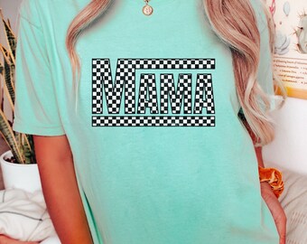 Retro Checkered Mama T-Shirt | Distressed Comfort Colors Tee