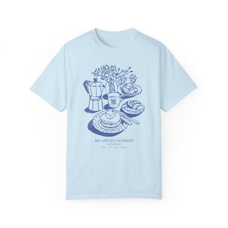 Trendy Paris Shirt Breakfast Club Pancake Shirt Croissant T Shirt Thrifted Vibe Old Money Aesthetic Gift For Her Comfort Colors Plus Sizing Chambray