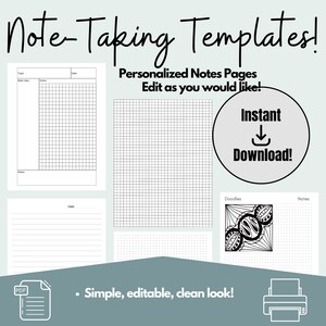 Op de afbeelding: Een digitale download van printbare notitie sjablonen. De sjablonen omvatten een verscheidenheid aan raster- en lijnstijlen. De tekst op de afbeelding luidt "Note-Taking Templates! Personalized Notes Pages Edit as you would like! Instant Download! Simple, editable, clean look!"