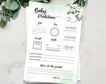 Greenery Baby Predictions Game  |  Baby Shower Games  |  INSTANT DOWNLOAD  |  Printable Template | Baby Shower  |  Leaf Theme