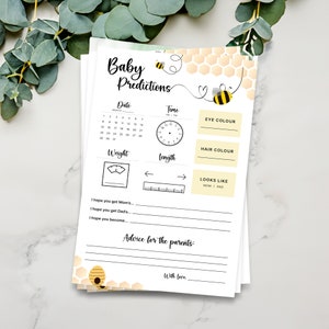 Könnte beinhalten: Ein druckbares Babyshower-Spiel mit Bienen-Motiv. Das Spiel fordert die Gäste auf, das Gewicht, die Länge, die Augenfarbe, die Haarfarbe des Babys und ob das Baby eher der Mutter oder dem Vater ähnelt, vorherzusagen. Das Spiel enthält auch einen Abschnitt für Ratschläge für die Eltern.