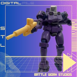 May include: A purple and grey robot action figure holding a yellow plastic gun. The robot is standing on a yellow and blue grid pattern. The text "DIGITAL FILE" is in the top left corner of the image. The text "BATTLE WORK STUDIOS" is in the bottom center of the image.