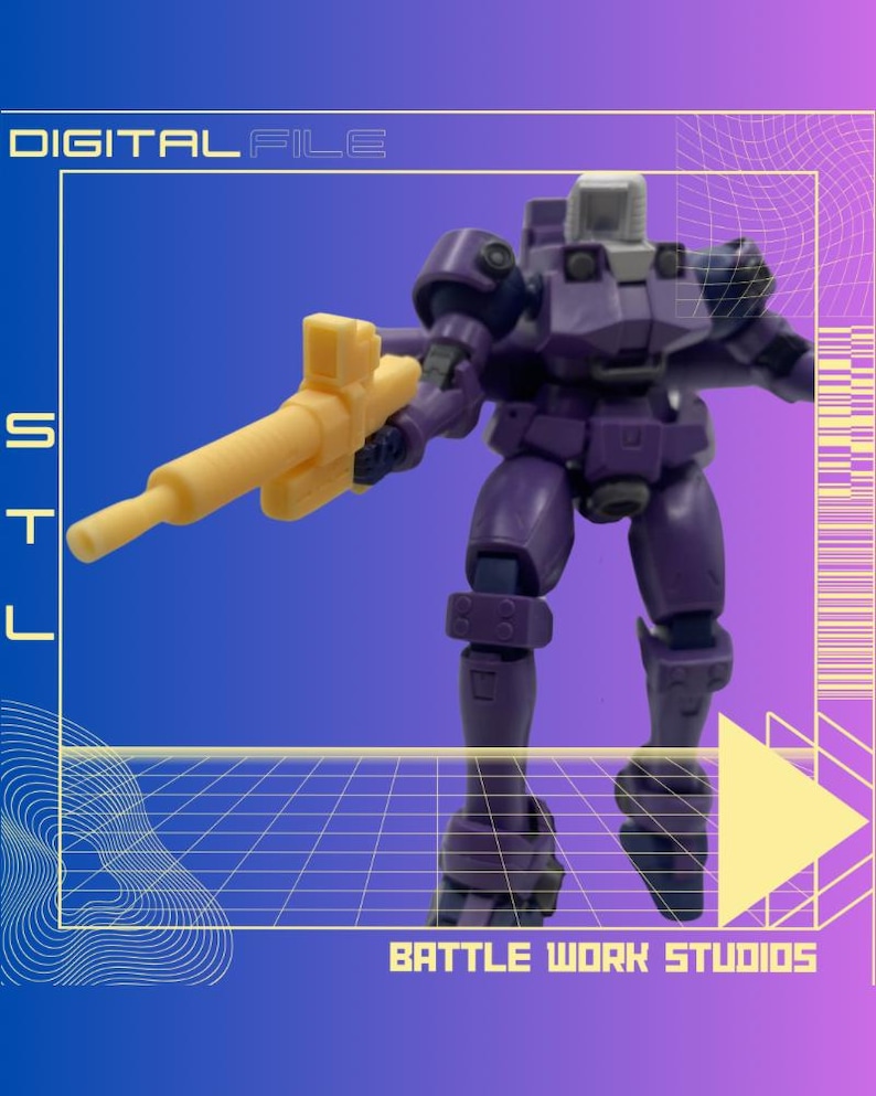 May include: A purple and grey robot action figure holding a yellow plastic gun. The robot is standing on a yellow and blue grid pattern. The text "DIGITAL FILE" is in the top left corner of the image. The text "BATTLE WORK STUDIOS" is in the bottom center of the image.