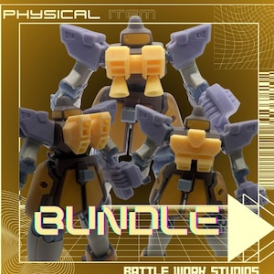 May include: A set of three yellow, purple and grey plastic action figures. The figures are robots with large heads and arms. The figures are posed in a dynamic action pose. The figures are part of a bundle. The image includes the text "BUNDLE" and "BATTLE WORK STUDIOS".