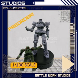 May include: Two robot action figures, one gray and one green, are displayed on a black platform. The gray figure is larger and stands upright, while the green figure is smaller and posed with its arms raised. Text includes "PREORDER!" and "1/100 SCALE".