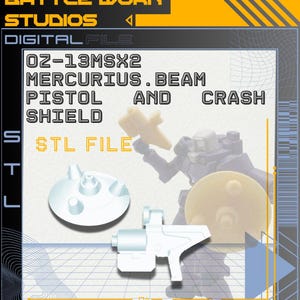 May include: Digital file graphic featuring a white pistol, shield, and other components. The text reads "OZ-13MSX2 Mercurius Beam Pistol and Crash Shield STL File." The image has a yellow and blue color scheme with the words "Battle Work Studios" at the top and bottom.