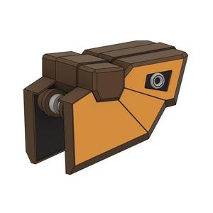 Op de afbeelding: Een geometrisch, hoekig object met een bruin en oranje kleurenschema. Het ontwerp bevat een reeks rechthoekige en trapeziumvormige vormen, met een cirkelvormig element aan de zijkant. Het object lijkt een onderdeel of deel van een grotere structuur te zijn.