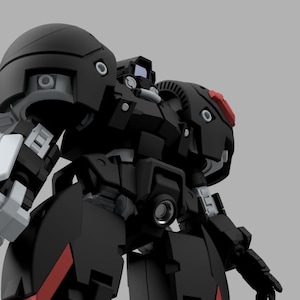 May include: A black and white robotic figure with red accents. The robot has a rounded head and a detailed mechanical design. The image is set against a plain gray background, highlighting the robot's form and structure.