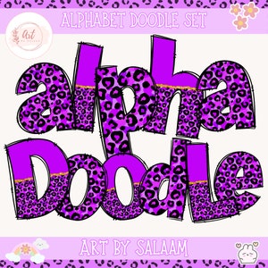 Letras do alfabeto de pele de leopardo Pacote de números PNG, letras de fonte roxa, design Doodle desenhado à mão, conjuntos alfa de sublimação PNG