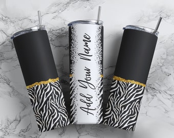 Half Zebra Print Add Your Own Name, 20 oz Skinny Tumbler Sublimation Wrap, Design for Straight Tumbler, Seamless Pattern