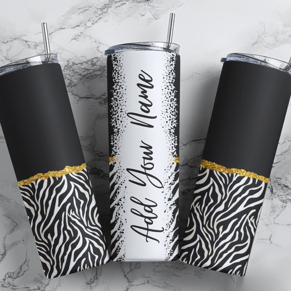 Half Zebra Print Add Your Own Name, 20 oz Skinny Tumbler Sublimation Wrap, Design for Straight Tumbler, Seamless Pattern