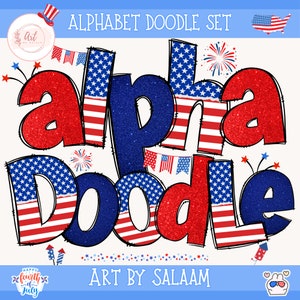 4 de julho bandeira dos EUA Doodle letras do alfabeto pacote PNG, design digital vermelho branco azul, design Doodle desenhado à mão, conjunto alfa de sublimação