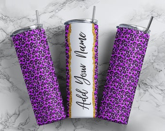 Leopard Print Add Your Own Name, 20 oz Skinny Tumbler Sublimation Wrap, Design for Straight Tumbler, Seamless Pattern, PURPLE EDITION