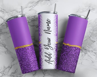 Half Purple Glitter Add Your Own Name, 20 oz Skinny Tumbler Sublimation Wrap, Design for Straight Tumbler, Seamless Pattern