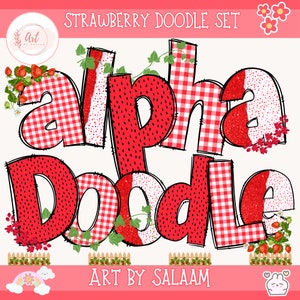 Letras do alfabeto de doodle de morango pacote de números PNG, letras de fonte de sementes de morango, design doodle desenhado à mão, conjunto alfa de sublimação