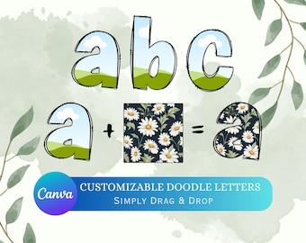 Anpassbare Doodle-Buchstaben, Kleinbuchstaben, einfaches Ziehen und Ablegen, bearbeitbare Canva-Vorlage, digitaler Download