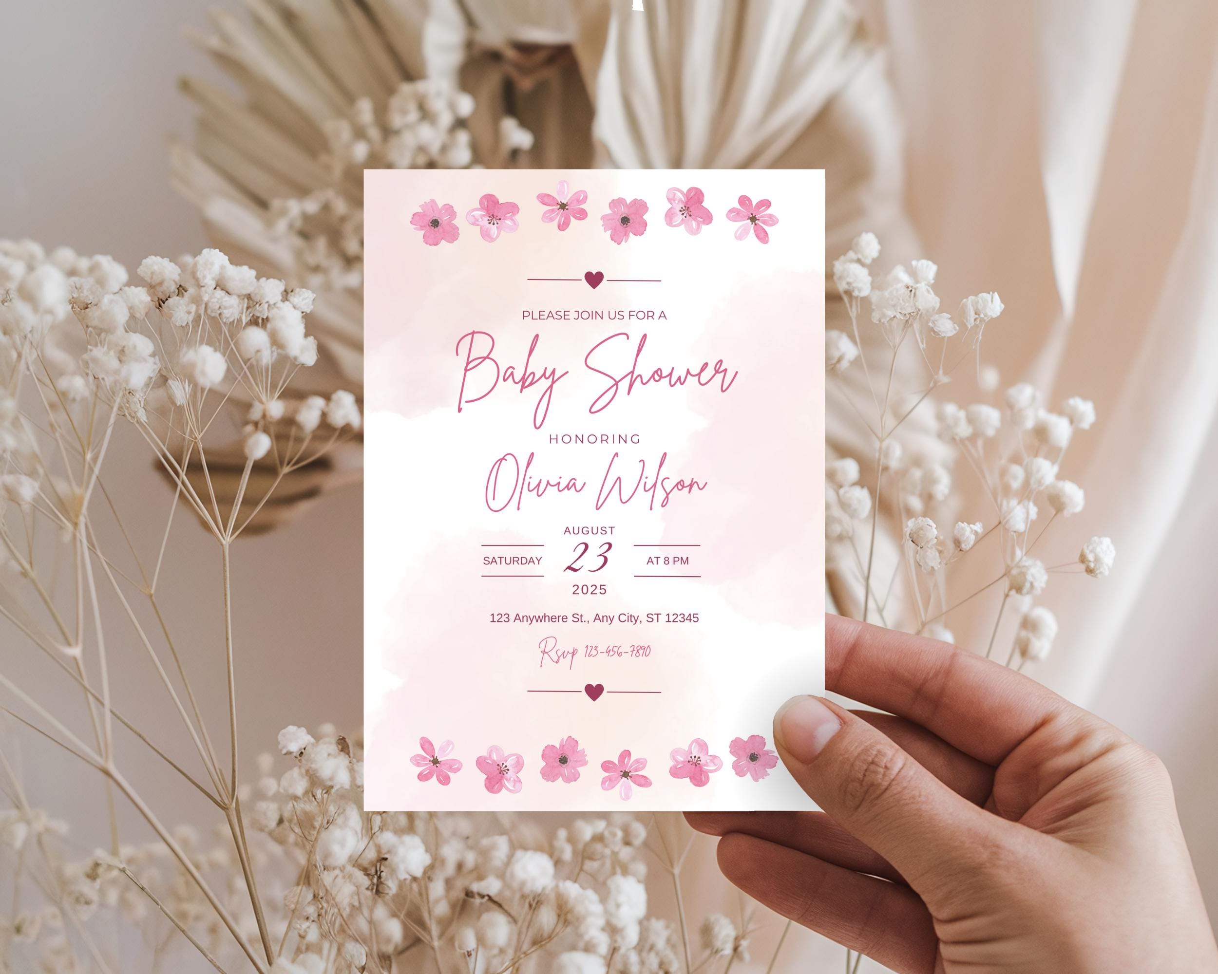 Editable Pink Floral Baby Shower Invitation, Girl Baby Shower Template, Printable Floral Invite, Blush Baby Shower Invite, Canva Invitation