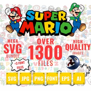 Paquete Super Mario SVG para Cricut y Sublimación, Mario Cut Files, Mario Clipart, Super Mario Font, Mario PNG imagen 1