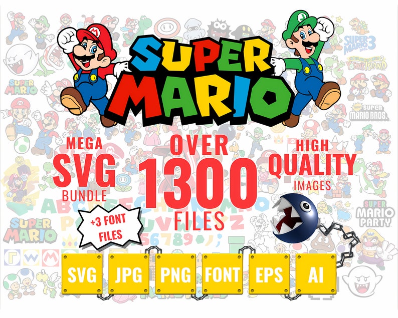 Paquete Super Mario SVG para Cricut y Sublimación, Mario Cut Files, Mario Clipart, Super Mario Font, Mario PNG imagen 1