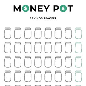 Könnte beinhalten: Ein druckbarer Sparplan mit dem Titel "Money Pot Savings Tracker". Der Plan enthält 50 Gläser, wobei die letzten 10 Gläser in einem hellgrünen Farbton schattiert sind. Der Plan enthält Platz für den Betrag und das Zieldatum.