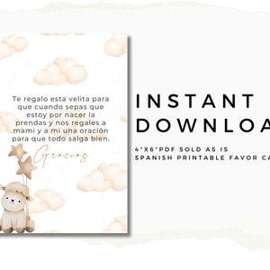 Op de afbeelding: Een bedankkaart om af te drukken met een aquarelontwerp. De kaart toont een beige schaap met sterballonnen, met tekst in het Spaans en wolkenillustraties. De woorden "INSTANT DOWNLOAD" zijn in het zwart gedrukt.
