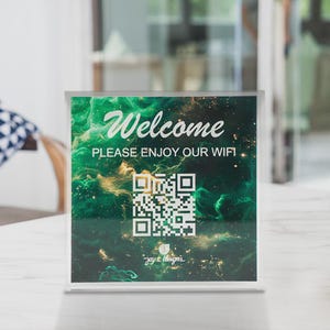 Custom Wi-Fi Acrylic Sign – Personalized QR Code or Network Info Block – Square Table Display for Home or Business Guests