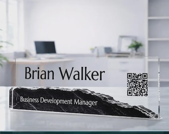 Personalized Elegant Desk Name Plate | Edge Acrylic Name Plate with Logo | Office Desk Sign with QR | Table Sign | Professional Gift