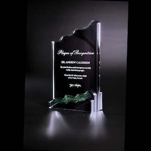 May include: A black glass plaque with a green wave design. The plaque reads "Plaque of Recognition" and "DR. ANDREW CALDERON" for your tireless and courageous service to the American people. Given the 12th of December 2021 at Las Vegas, Nevada. jyc design.