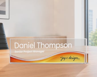 Personalized Wave Desk Name Plate | Acrylic Office Desk Sign with Logo | Business Name Plate