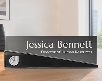 Personalized Desk Name Plate with Logo | Acrylic Office Desk Sign | Elegant Business Name | Employee Office Gift
