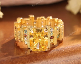 Vintage yellow moissanite gems engagement ring Irregular 14k gold promise ring Unique bridal wedding ring Eternal magic statement his ring