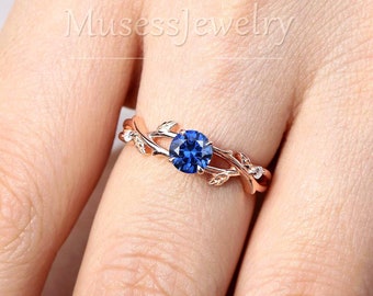Delicate Round Shaped Cornflower Sapphire Twig Engagement Ring Rose Gold Leaf Vine Bridal Ring Sapphire Promise Anniversary Ring for Women