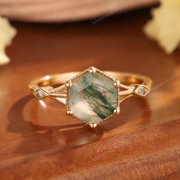 Vintage green moss agate engagement ring Hexagon cut green onyx ring Personalized 14k gold bridal wedding ring Unique statement ring for her