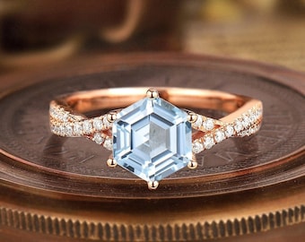 Vintage Hexagon cut blue Aquamarine ring Unique Aquamarine Bridal Promise Ring 14k rose gold Twist wedding ring for women Anniversary gift