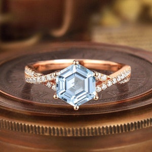 Vintage Hexagon cut blue Aquamarine ring Unique Aquamarine Bridal Promise Ring 14k rose gold Twist wedding ring for women Anniversary gift