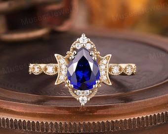 Vintage pear cut sapphire engagement ring Unique Moon Art Deco sapphire Wedding Ring 14kGold sapphire bridal ring September birthstone ring